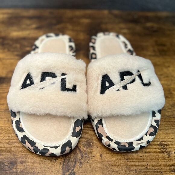 APL Women’s Shearling Slide Sandal in Parchment/Black/Leopard. 🖤🤍🤎 Size 6. NI - Picture 11 of 16